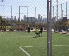 Meu Campinho em Maringa. O espaço tem um campo de futebol de grama sintética, playground com piso emborrachado e com iluminação, bicicletários, bebedouro, mesas de jogos, floreiras e lixeiras -  